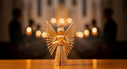 Wooden angel figurine with candlelight background in church setting  