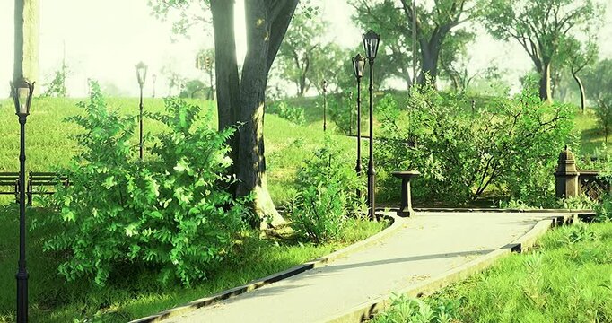 Lush greenery frames winding paths in a tranquil park, where sunlight filters through the trees. Parks invite visitors to stroll, relax, and enjoy the natural beauty all around.