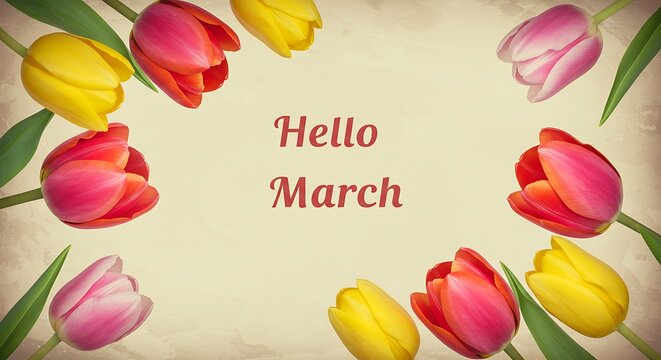 Floral greeting card, tulips in red, yellow, and pink, with "Hello March" text on vintage parchment - Powered by Adobe