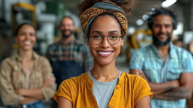 Confident workshop leader with supportive team