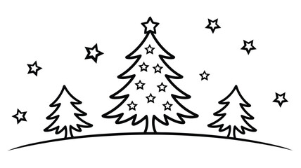 Obraz premium minimalist christmas tree scene in black and white line art with stars and curved ground for festive seasonal design