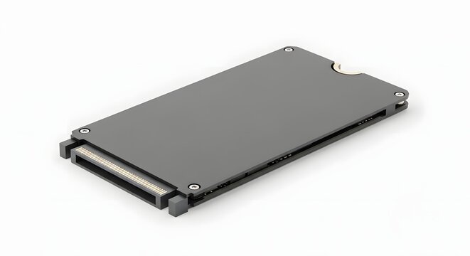 A close up shot of a gray rectangular electronic device with screws on a white background surface