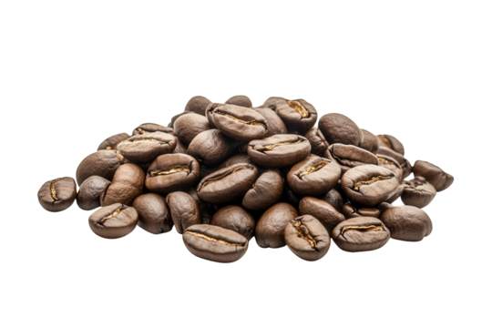 Pile of roasted coffee beans isolated on transparent background, showcasing the rich aroma and potential for brewing a perfect cup of coffee