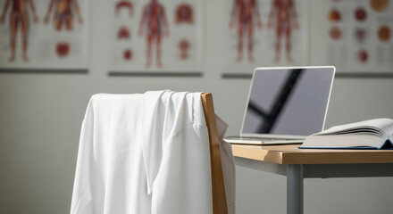 Medical lab coat hanging on chair beside laptop and textbook