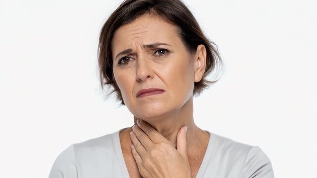 Concerned woman neck pain sore throat thyroid issue health problem, worried middle aged female touching neck, goiter symptom close up