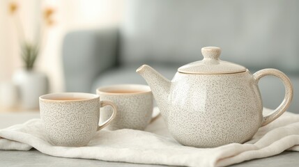 Charming Ceramic Teapot and Cups on Soft Cloth in Cozy Setting