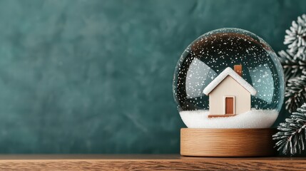 Winter Snow Globe with House and Pine Branch on Wooden Surface
