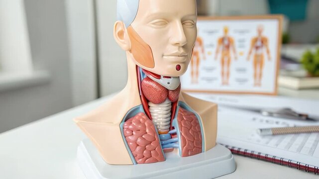 Medical mannequin anatomy neck thyroid gland goiter endocrine system larynx trachea lymph node classroom display healthcare education illustration