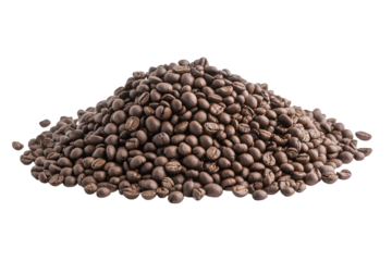 Abundant pile of coffee beans isolated on transparent background, representing the essence of coffee culture and the promise of a delightful caffeine experience