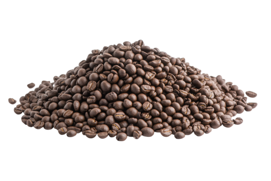 Abundant pile of coffee beans isolated on transparent background, representing the essence of coffee culture and the promise of a delightful caffeine experience