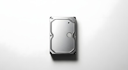 A top view of a hard drive with a metallic casing on a plain white surface in a studio setting