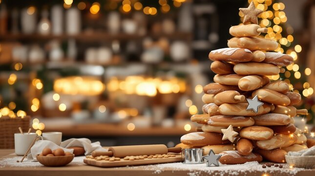 A creative Christmas tree made of stacked donuts, decorated with stars and icing. Soft bokeh lights in the background create a festive atmosphere. Copy space available.