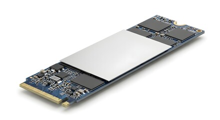 Close up of an m dot two solid state drive with a silver heat spreader on a white background surface
