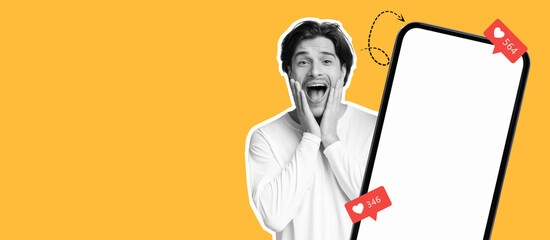 A young man expresses happiness and surprise at the notification on his smartphone screen. The colorful background enhances his emotions, showcasing the thrill of social media interaction.