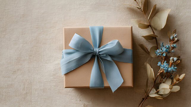 Christmas gift box with ribbon bow and card on white background