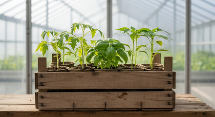 Fresh basil plants growing in wooden crate on table in greenhouse  