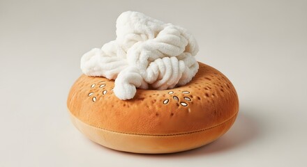A squishy dog toy shaped like a bagel with fluffy cream cheese, a playful symbol of canine enrichment, pet pampering, and humorous product design