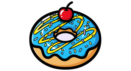 Cartoon Donut with Blue Icing and Cherry Topping Illustration.