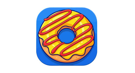 Cartoon donut icon with yellow frosting and red drizzle.