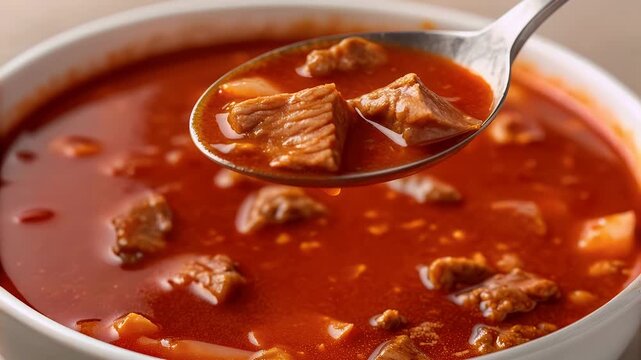 Hearty menudo soup in white bowl with rich red broth, tender beef tripe and beef meat, close up spoon bowl, hearty stew comfort food homestyle warmth