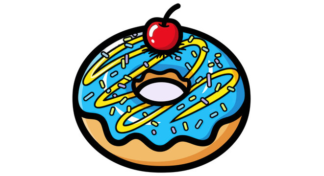 Cartoon Donut with Blue Icing and Cherry Topping Illustration.