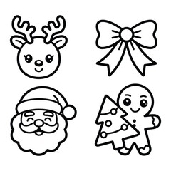 black and white cartoon christmas icons set featuring santa, reindeer, bow, and gingerbread character in festive line art style