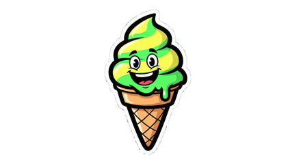 Cartoon Ice Cream Cone with Smiling Face and Green Swirl.
