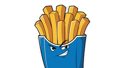 Cartoon French Fries with Angry Expression in Blue Container.