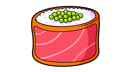 Cartoon gunkan maki sushi roll with salmon and green tobiko.