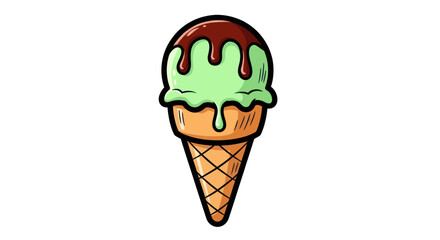 Cartoon Ice Cream Cone with Mint Scoop and Chocolate Drizzle.