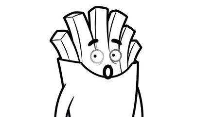 Cartoon french fries with surprised expression in a paper bag.