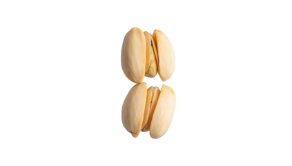 Two pistachios isolated on transparent background, stacked vertically, showcasing their split shells and the edible nut inside, highlighting the snacks texture and color