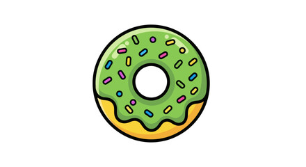 Cartoon donut with green icing and colorful sprinkles illustration.