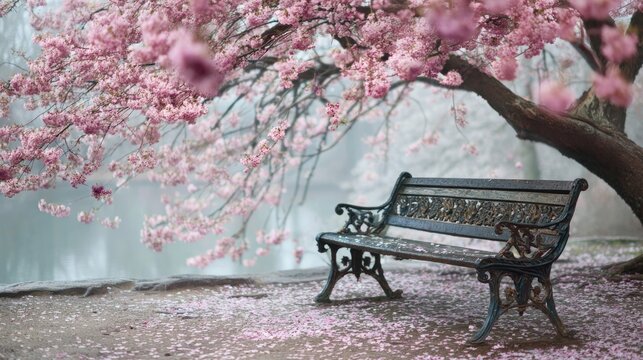 A serene park scene with a vintage black bench under a blooming cherry blossom tree. Pink petals cover the ground, creating a tranquil atmosphere.