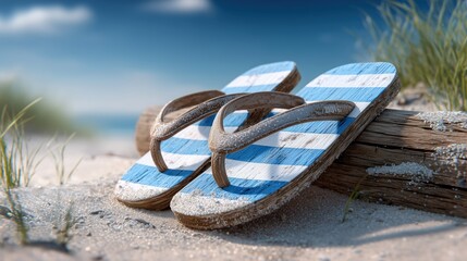 Blue and White Striped Flip Flops on a Sandy Beach with Ocean View
