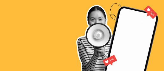 A young woman stands against a bright yellow background, holding a megaphone with enthusiasm. Beside her is a blank smartphone graphic showcasing social media notifications.