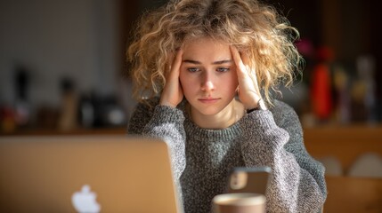 A young Caucasian woman with curly blonde hair sits at a desk, looking stressed while working on a laptop. She has her hands on her head, indicating frustration.