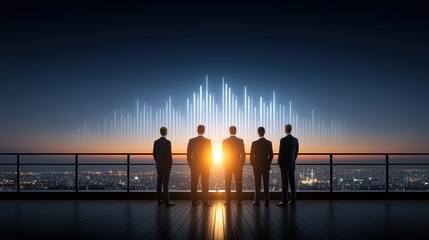 Businessmen on a rooftop observing glowing data bars over city at sunset, symbolizing global growth and future strategy