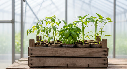 Seedlings growing in wooden crate on table in greenhouse environment  