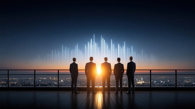 Businessmen on a rooftop observing glowing data bars over city at sunset, symbolizing global growth and future strategy