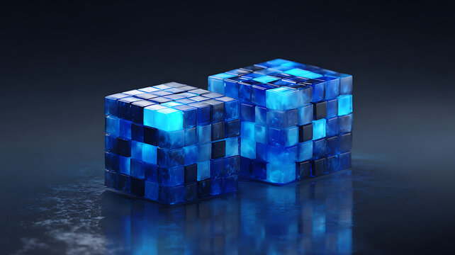 Abstract geometric cubes with glowing blue light and reflections on a dark surface
