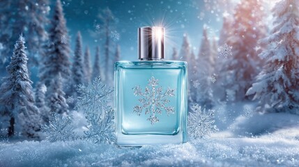 A clear glass perfume bottle with a silver cap sits on a snowy surface. Snowflakes surround it, and evergreen trees are blurred in the background.