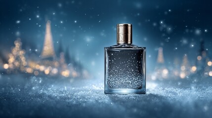 A clear glass perfume bottle with a metallic cap sits on a snowy surface. Soft blue background with blurred lights creates a winter atmosphere.