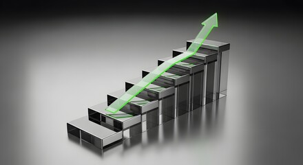 Ascending geometric steps of glass and chrome with an upward green arrow hologram, a powerful metaphor for financial growth, market success, and strategic investment