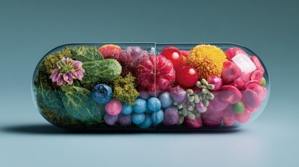 A transparent capsule filled with various colorful fruits and vegetables, showcasing a vibrant mix of nature's bounty.