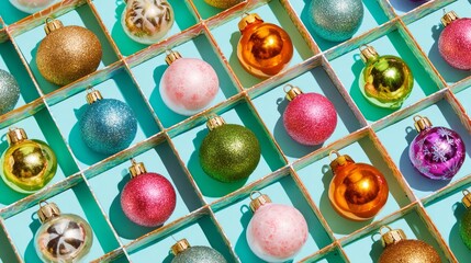 Colorful Christmas ornaments arranged in a grid. Various shapes and sizes, including shiny and glittery finishes. Perfect for holiday decoration themes.