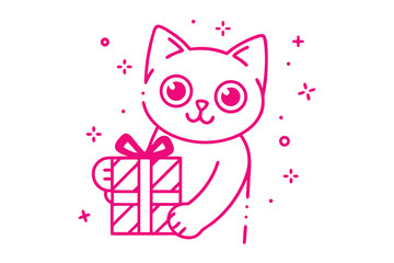 Pink cat outline holds a cute present, surrounded by sparkle elements on a white background