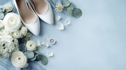 Elegant white wedding shoes placed on a soft blue background with white roses, eucalyptus leaves, and delicate petals scattered around.
