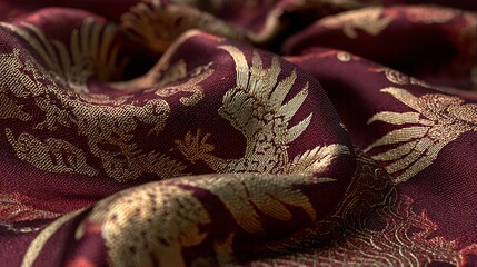 Close-up of luxurious red fabric with intricate gold dragon patterns. The texture is rich and smooth, showcasing fine craftsmanship and elegance.