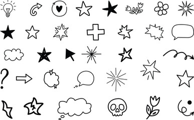 Collection of hand drawn doodle icons including stars clouds flowers and speech bubbles